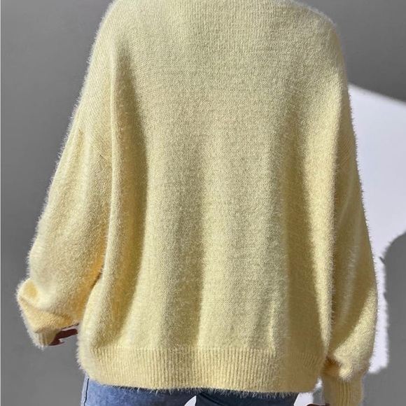 Long Sleeve Cardigan Drop Shoulder Fuzzy Knit Cardigan V-Neck Sweater - Picture 3 of 5